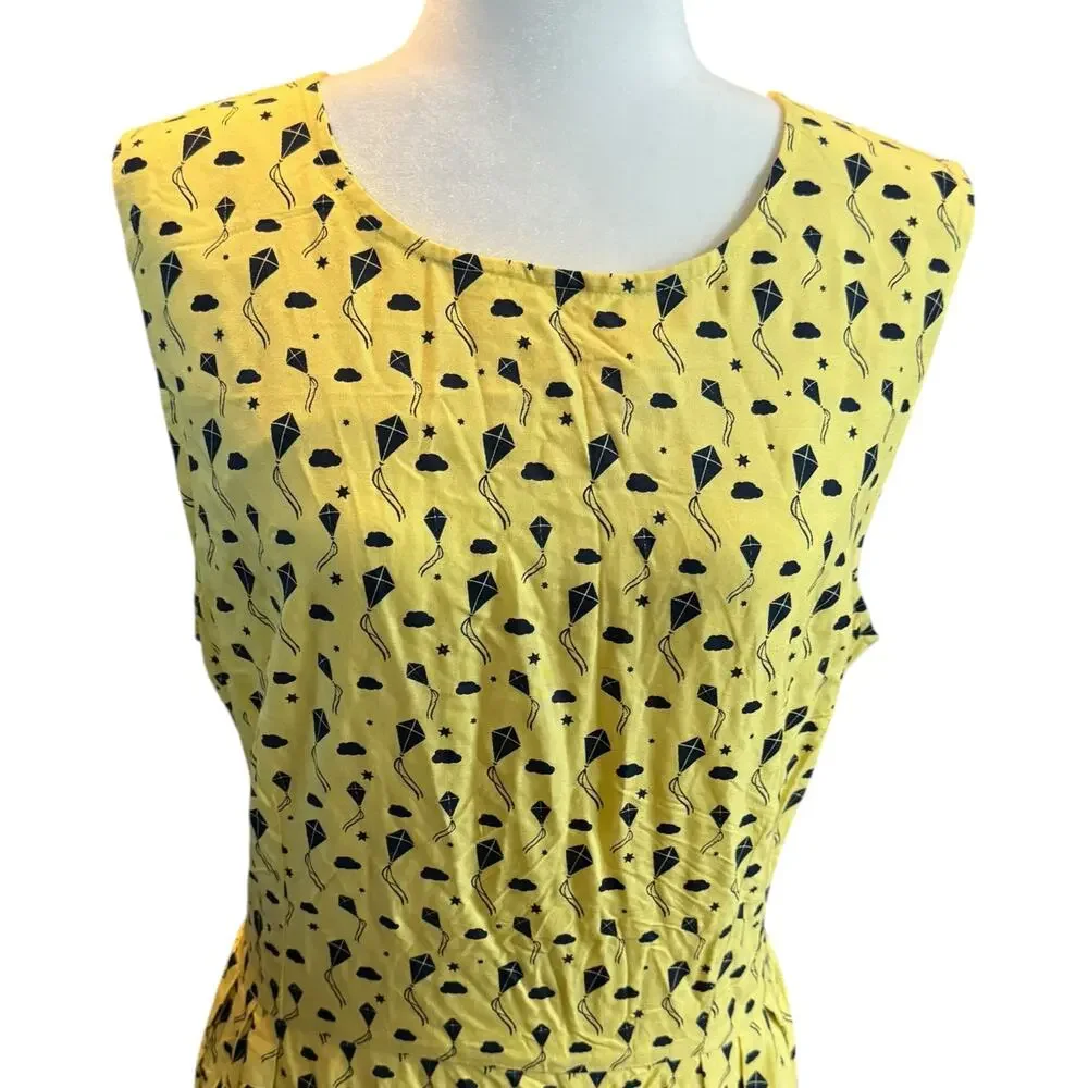 Circus Yellow Kite Print Sleeveless Dress 100% Rayon Made in India UK 20